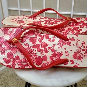 Tory Burch Wedge Flip Flop Sandals PVC- Red-White Colored Enamel Logo Sz 9